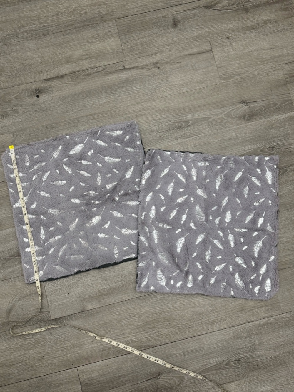 Set of 2 Light Gray Faux Fur Pillow Covers 18x18 Silver Feather Print Plush